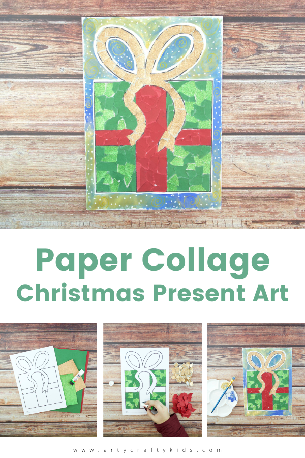 Make Paper Collage Christmas Present Art with the kids this Christmas - A simple but super fun Christmas craft that repurposes scrap paper! 

This paper collage Christmas Present art is simply made of up of scrap torn up paper that’s layered and assembled within the present template. Once full and bursting with color, the Christmas Present transforms into a textured and unique work of art.