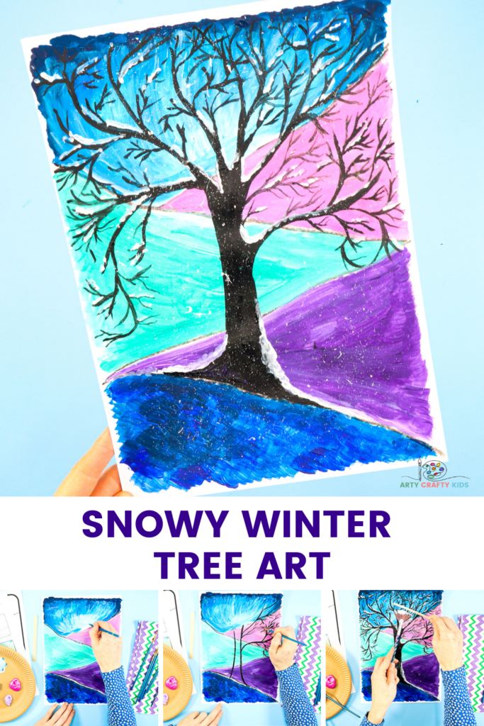 Snowy Winter Tree Art project for kids - This stunning silhouette Winter tree, set within an abstract Winter Wonderland scene is super easy to draw and paint, and can be recreated in just a few simple steps.