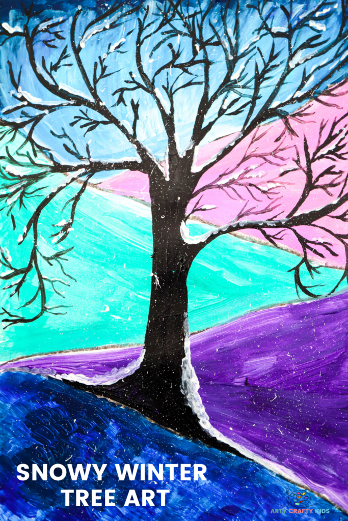 Snowy Winter Tree Art project for kids - This stunning silhouette Winter tree, set within an abstract Winter Wonderland scene is super easy to draw and paint, and can be recreated in just a few simple steps.
