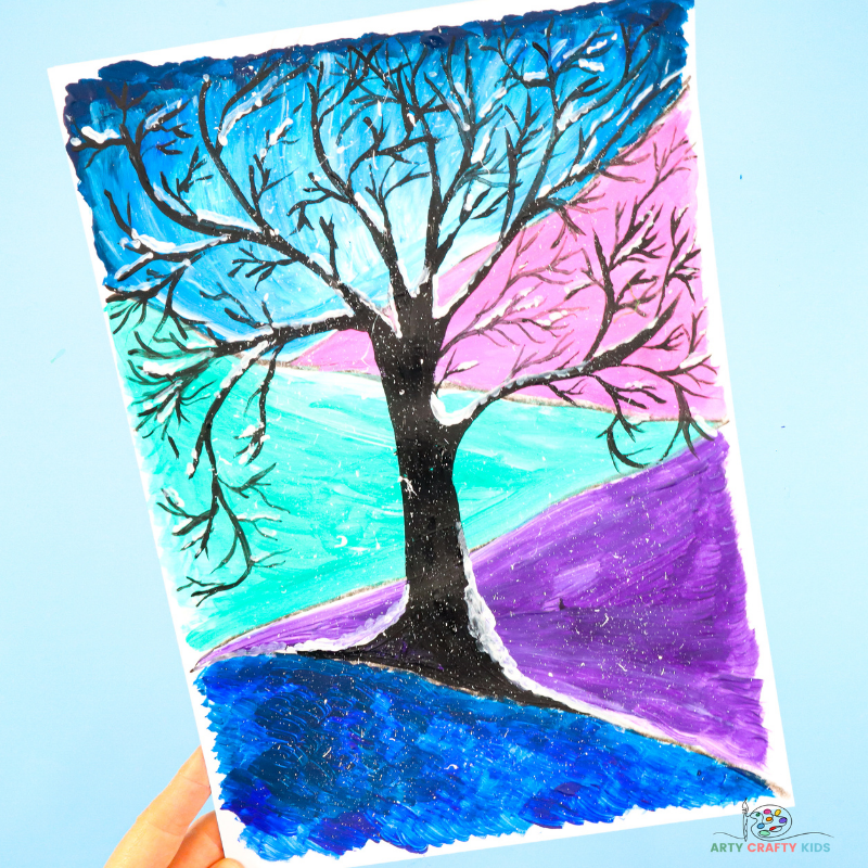 Learn how to drawn and paint Snowy Winter Tree Art with the kids. A fun and easy to follow Winter art project for kids with easy to follow step-by-step instructions.