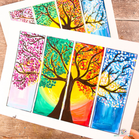 Looking for an easy art project for kids? Children and beginners can create their own beautiful four seasons tree painting with our easy to follow step-by-step tutorial. Complete with a choice of two printable tree templates, the tree art project can be simplified or developed to suit children of all ages up to adulthood. Designed with an open-ended approach, this art project is accessible and achievable by all. Most of all, it's an incredibly fun and engaging art project, that will leave artists with a sense of satisfaction.