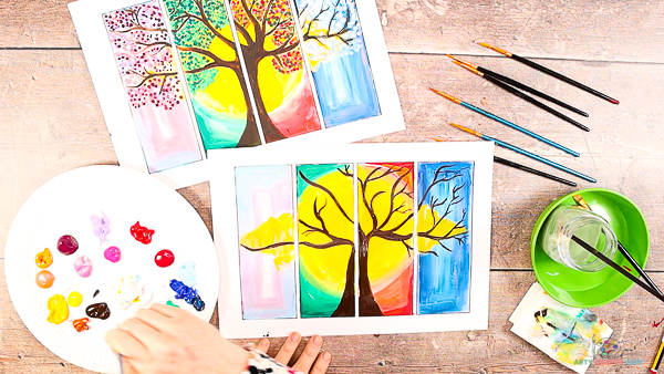 Four Seasons Tree Painting: Image showing a branch painted from the Summer segment into the Spring.