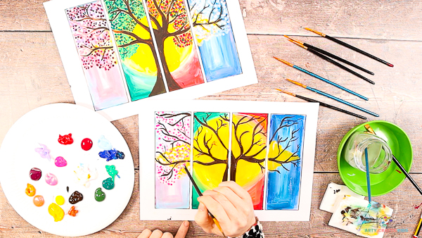 Four Seasons Tree Painting: Image showing the pointillism technique being used to create blossoms with the Spring segment of the four seasons tree painting.