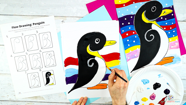 Image showing hands filling the background waves behind the penguin with bright colors.