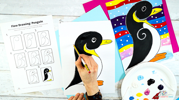 Image showing a hand drawing wavy lines across the page and behind the penguin.