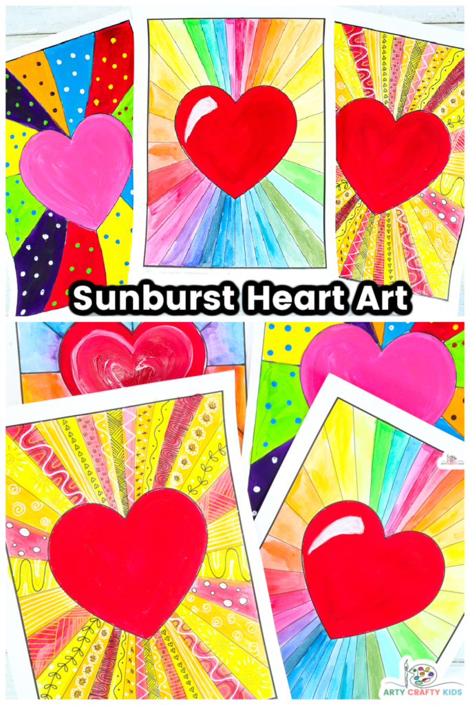 Our heart sunburst painting idea makes watercolor painting with kids super fun and encourages kids to fully experience color through creative play and experimentation. A great art project for Valentine's Day or for simply studying colors.