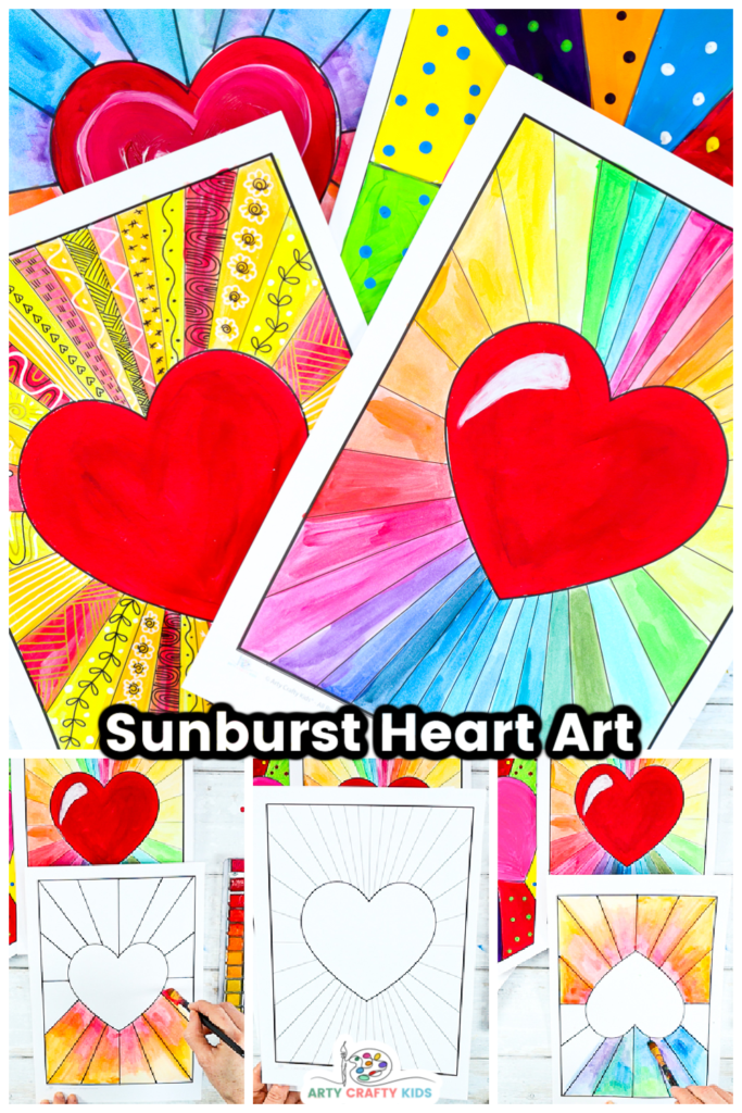 Our heart sunburst painting idea makes watercolor painting with kids super fun and encourages kids to fully experience color through creative play and experimentation. A great art project for Valentine's Day or for simply studying colors.
