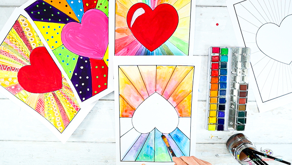 Image showing an upside down heart art template with the upper area painted in cool shades - blue, purple and green.