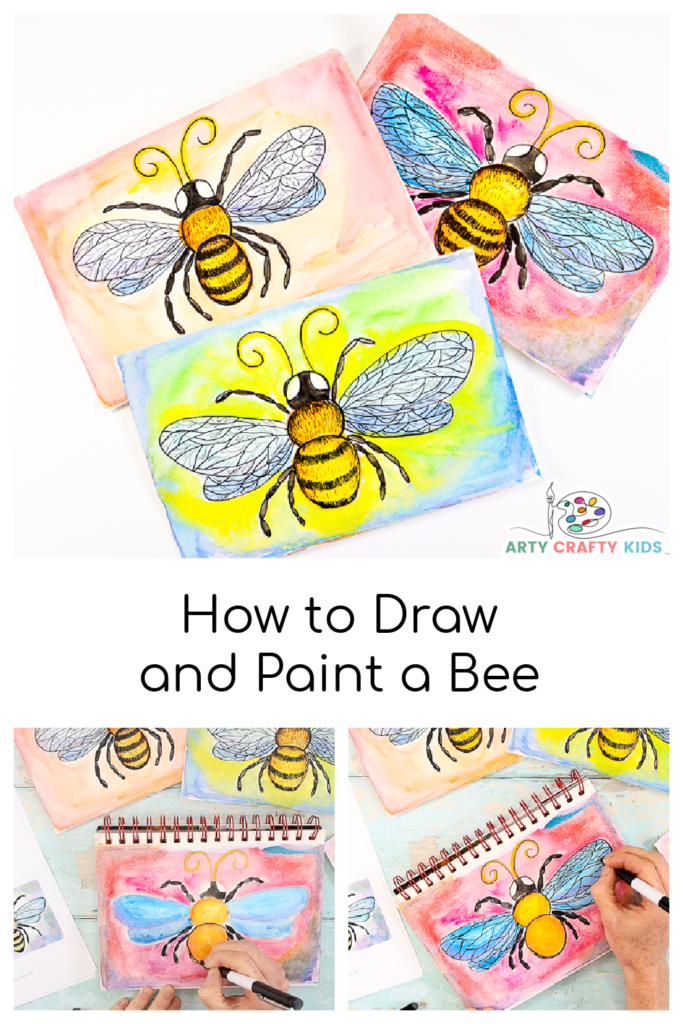 Learn how to draw a bee with our complete drawing and painting tutorial for kids and beginners! Our comprehensive tutorial will teach you how to draw a beautiful bee, framed by an explosion of color, in just a few easy to follow steps! 

With a printable step-by-step tutorial, written instructions, a complete full sized bee for tracing and a video demonstration; this post will give you everything you need to draw and paint your very own bee, and can be easily adapted to work within a classroom setting.
