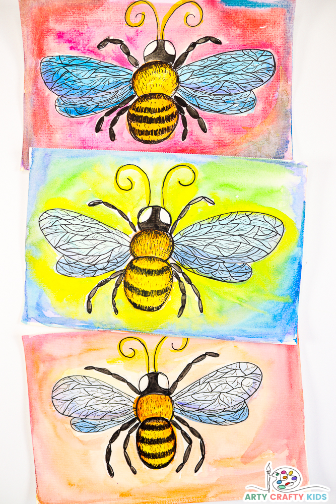 Learn how to draw a bee with our complete drawing and painting tutorial for kids and beginners! Our comprehensive tutorial will teach you how to draw a beautiful bee, framed by an explosion of color, in just a few easy to follow steps! 

With a printable step-by-step tutorial, written instructions, a complete full sized bee for tracing and a video demonstration; this post will give you everything you need to draw and paint your very own bee, and can be easily adapted to work within a classroom setting.