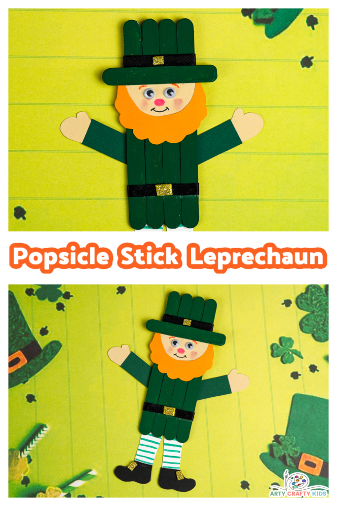 Looking for a fun and easy Leprechaun Craft for St. Patrick’s Day? hot of the heels of our adorable paper plate leprechaun, today I have the pleasure of sharing a super cute popsicle leprechaun craft that kids will love! 

This crafty leprechaun project focusses on cutting, drawing and painting; all exercises that are hugely beneficial to developing fine motor skills.

Arty Crafty Kids may use the tutorial to draw their own elements to complete the leprechaun craft OR utilize our printable template, to make creating easier.