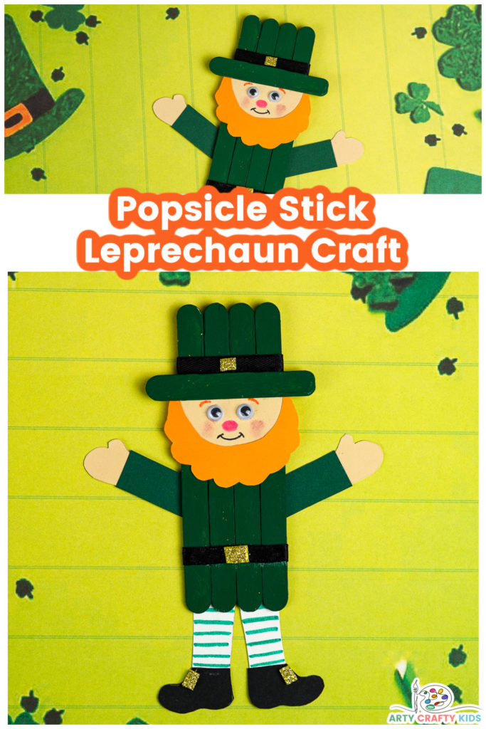 Looking for a fun and easy Leprechaun Craft for St. Patrick’s Day? hot of the heels of our adorable paper plate leprechaun, today I have the pleasure of sharing a super cute popsicle leprechaun craft that kids will love! 

This crafty leprechaun project focusses on cutting, drawing and painting; all exercises that are hugely beneficial to developing fine motor skills.

Arty Crafty Kids may use the tutorial to draw their own elements to complete the leprechaun craft OR utilize our printable template, to make creating easier.