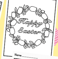 Happy Easter coloring page with spring flowers around
