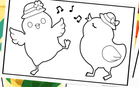 Two easter chicks chirping and singing and dancing coloring page