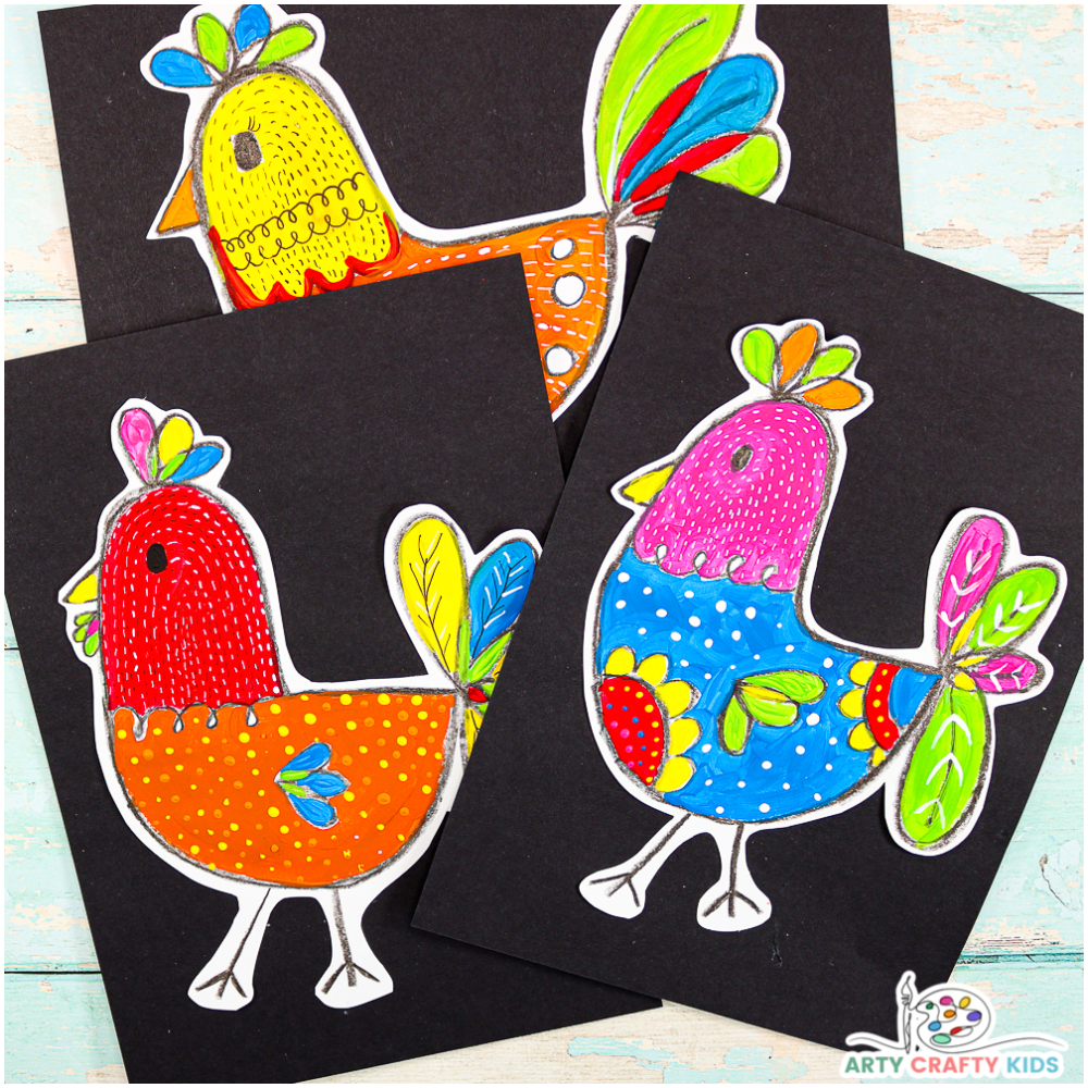 Learn how to draw a chicken in just a few simple steps! Using just a few easy to draw shapes, Arty Crafty Kids will create the basic chicken outline within the first 3 lines. Inspired by the colors and patterns found in folk art paintings, our chicken design is open to every color under the sun and some serious creative license.
