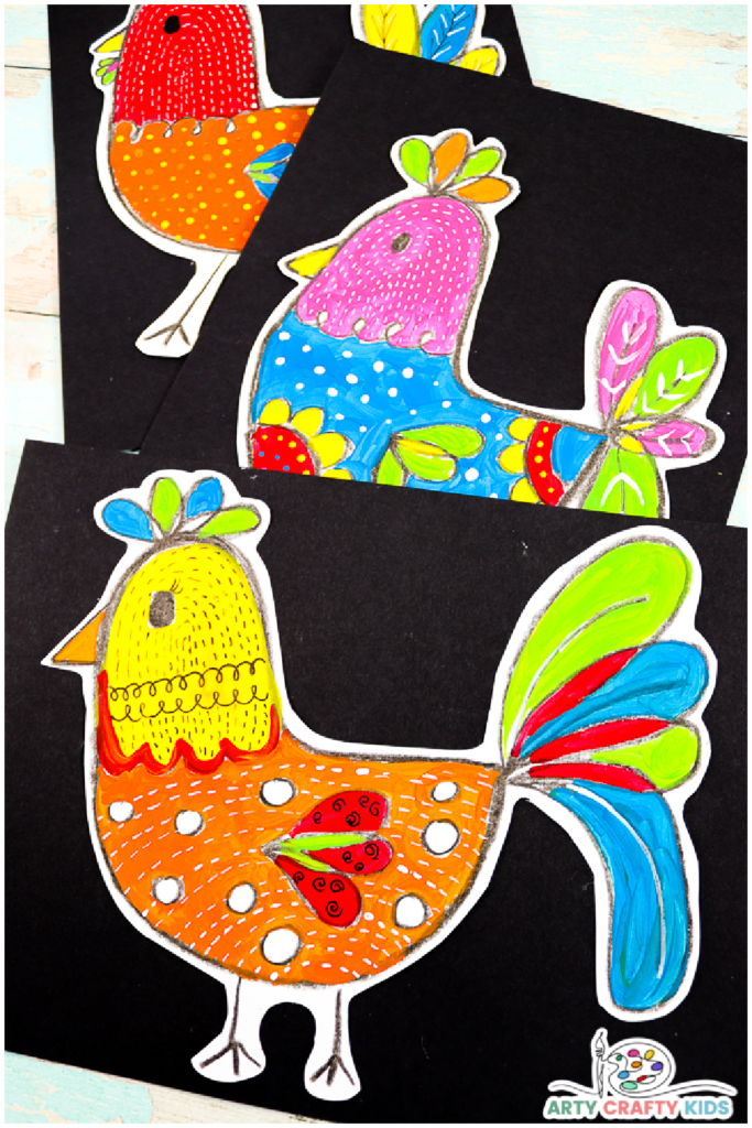 Learn how to draw a chicken in just a few simple steps! Using just a few easy to draw shapes, Arty Crafty Kids will create the basic chicken outline within the first 3 lines. Inspired by the colors and patterns found in folk art paintings, our chicken design is open to every color under the sun and some serious creative license.