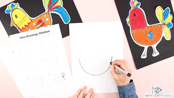 Image showing a hand drawing the first line of a chicken using a black crayon. 

The shape is half a semi-circle.