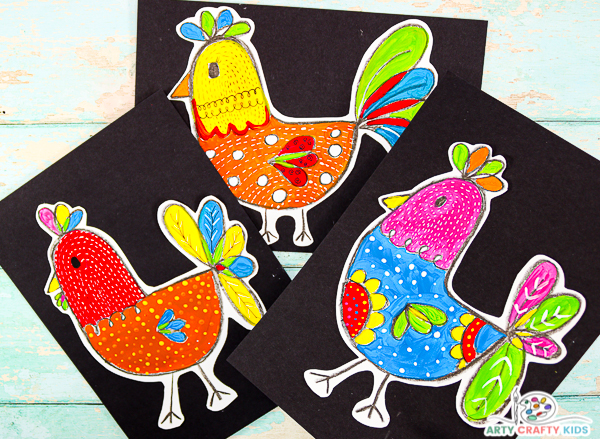 Learn how to draw a chicken in just a few simple steps! Using just a few easy to draw shapes, Arty Crafty Kids will create the basic chicken outline within the first 3 lines. Inspired by the colors and patterns found in folk art paintings, our chicken design is open to every color under the sun and some serious creative license.