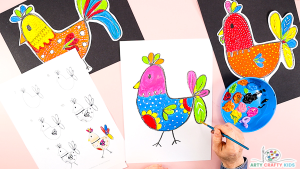 Image showing a colorful chicken in green, yellow, red, pink and blue with white dots and a hand drawing feather detail.
