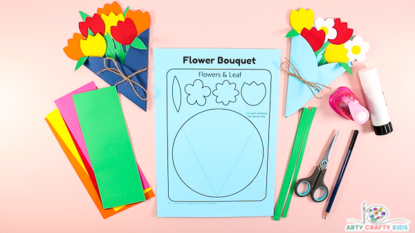 Image featuring two completed paper flower bouquets and the printable flower bouquet template.