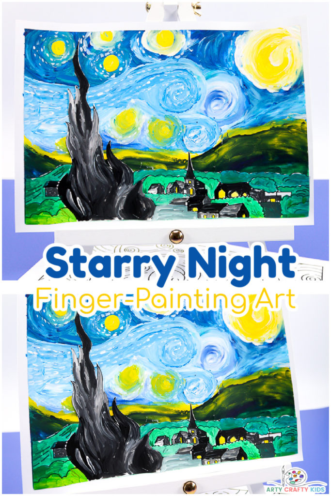 This finger-painting Starry Night art, inspired by Van Gogh is a fun and tactile art project for children, who will explore the key elements of Van Gogh's use of color, movement and texture through touch.