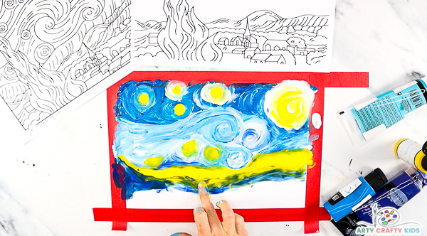 Image showing a hand finger-painting a yellow stripe and blue along the bottom of the night sky.