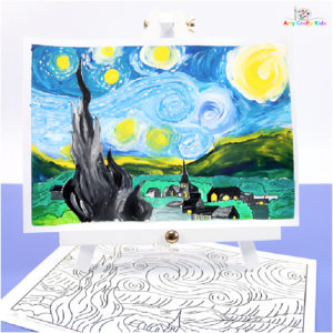 This finger-painting Starry Night art, inspired by Van Gogh is a fun and tactile art project for children, who will explore the key elements of Van Gogh’s use of color, movement and texture through touch.