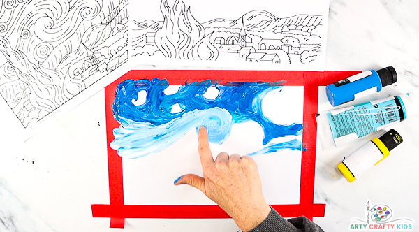 Image showing a hand finger-painting a prominent white and blue swirl from the right hand side.