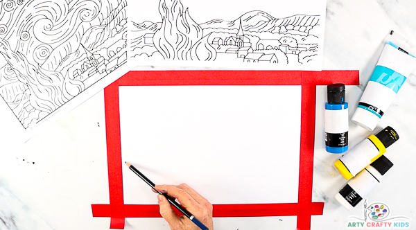 Image of a hand drawing a rough outline of stars and swirls for the sky of Starry Night. The canvas is a piece of white card stock secured to a table with red artist tape.