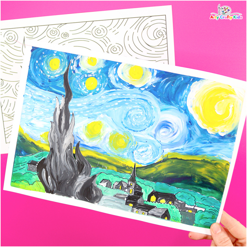 This finger-painting Starry Night art, inspired by Van Gogh is a fun and tactile art project for children, who will explore the key elements of Van Gogh’s use of color, movement and texture through touch.