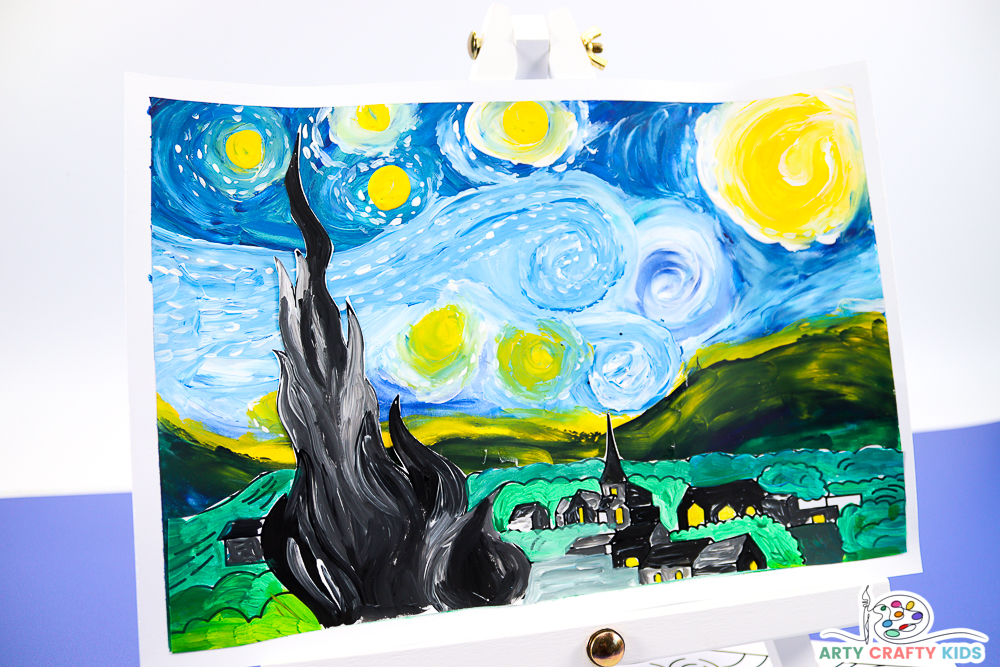 This finger-painting Starry Night art, inspired by Van Gogh is a fun and tactile art project for children, who will explore the key elements of Van Gogh's use of color, movement and texture through touch.