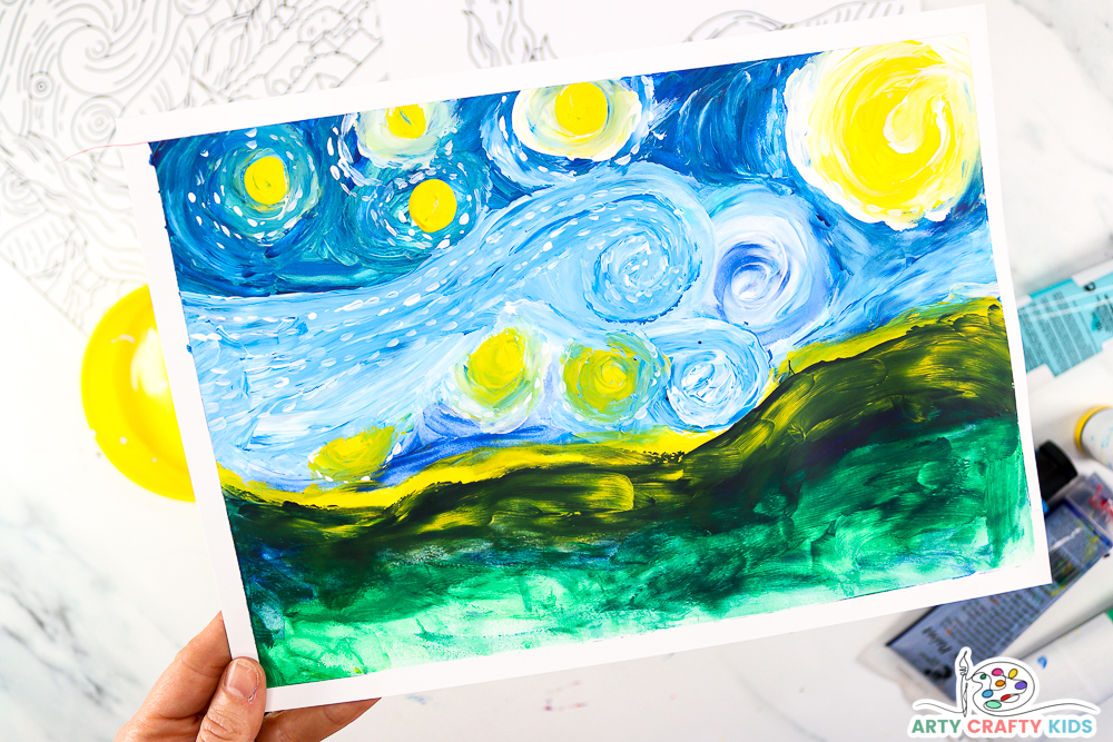 Image showing a completed Starry Night finger painted background.