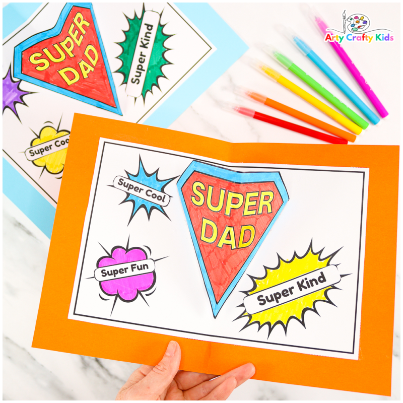 Our Super Dad Father's Day card is a SUPER easy color, cut and stick craft for kids to make. The simple pop-up element requires just a few folds and is a great way for kids' to introduce 3D effects into their crafting.