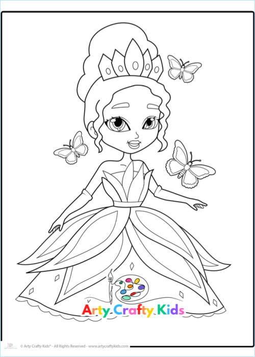 The fairy princess. A lovely coloring page for kids with the option to add a set of wings.
