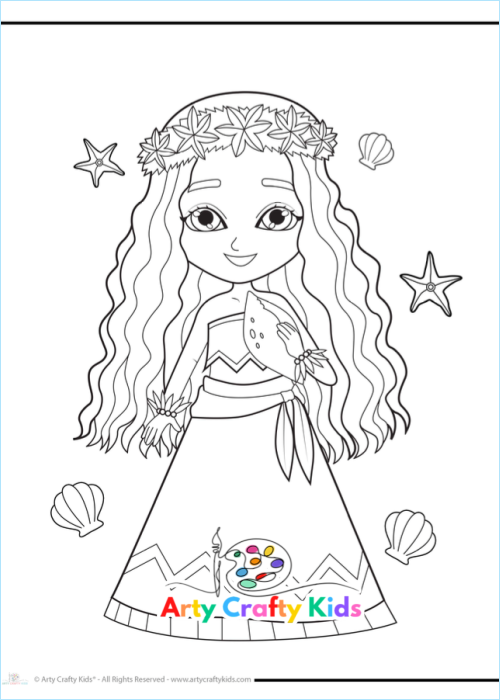 Moana inspired princess coloring page for kids.