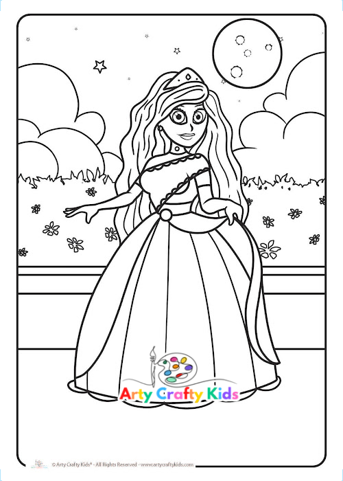 The princess enjoying a walk in the moonlight coloring page.