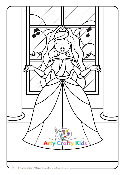 Coloring page featuring a lovely singing princess.