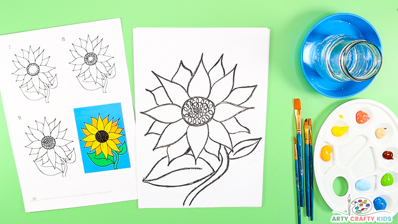 Image showing a completed sunflower drawing in black and white.