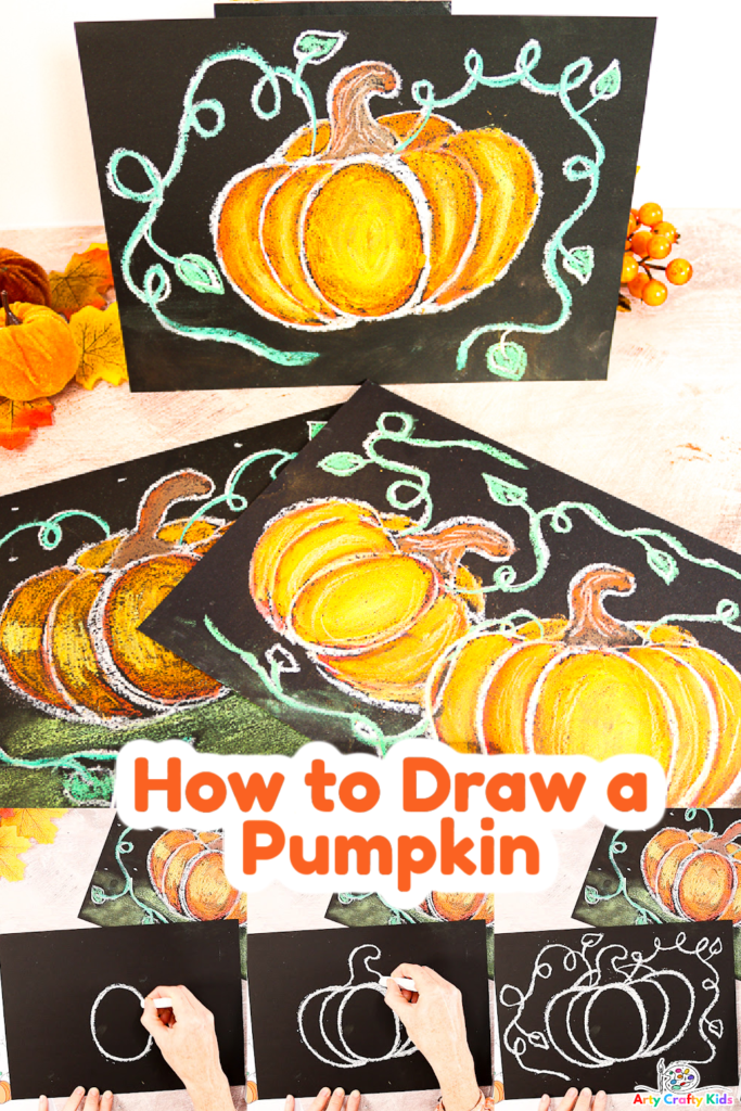 Learn how to draw a pumpkin with chalk pastels in just a few easy to follow steps! 

Drawing pumpkins is not as difficult as it seems. Our step-by-step tutorial will not only demonstrate one of the easiest ways to draw a realistic pumpkin but will go one step further to show Arty Crafty Kids how to transform their drawings into gorgeous Autumn art!