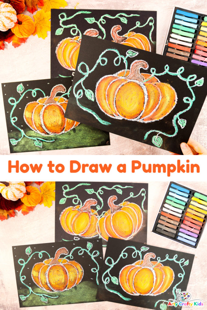 Learn how to draw a pumpkin with chalk pastels in just a few easy to follow steps! 

Drawing pumpkins is not as difficult as it seems. Our step-by-step tutorial will not only demonstrate one of the easiest ways to draw a realistic pumpkin but will go one step further to show Arty Crafty Kids how to transform their drawings into gorgeous Autumn art!