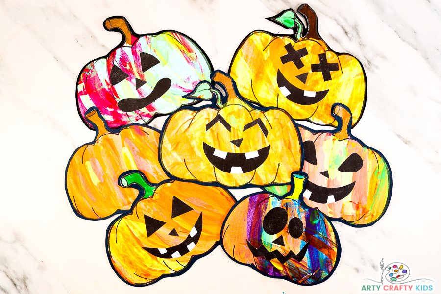 This super easy pumpkin craft is the perfect activity for celebrating Halloween with your Arty Crafty Kids this Autumn! with a selection of Jack-O-Lantern faces to choose from, kids' will have a blast designing fun, colorful and cute not-spooky pumpkins!