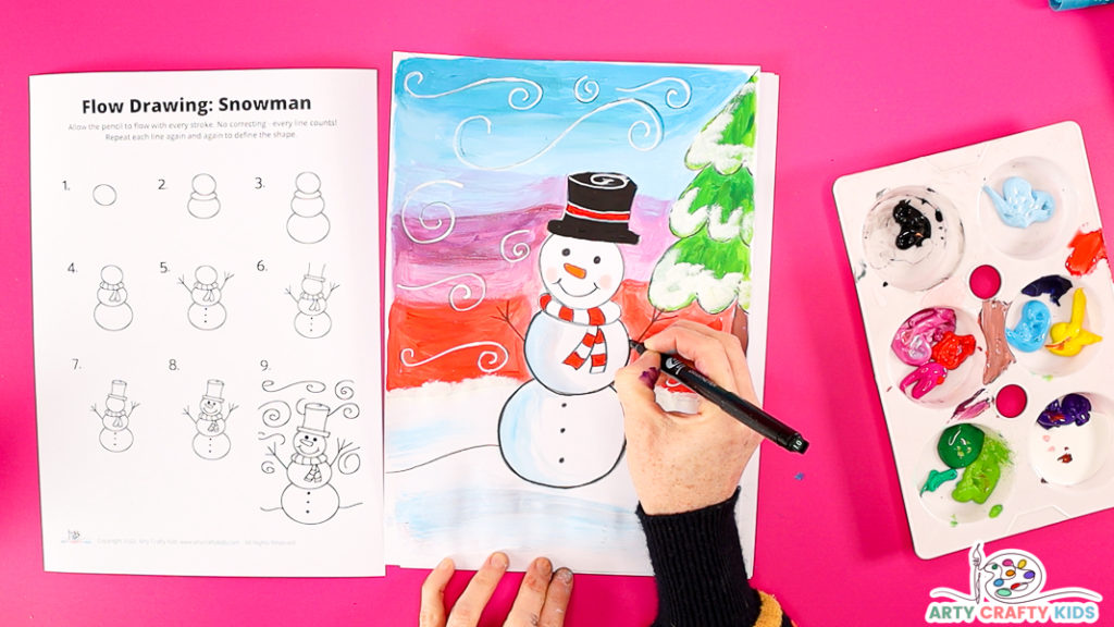 Step 9: (Optional) Draw over the Snowman Lines with a Black Marker Pen