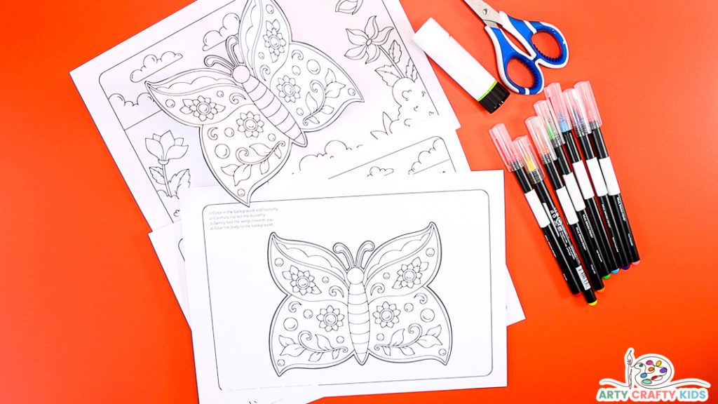 Printable 3D butterfly coloring page and butterfly craft