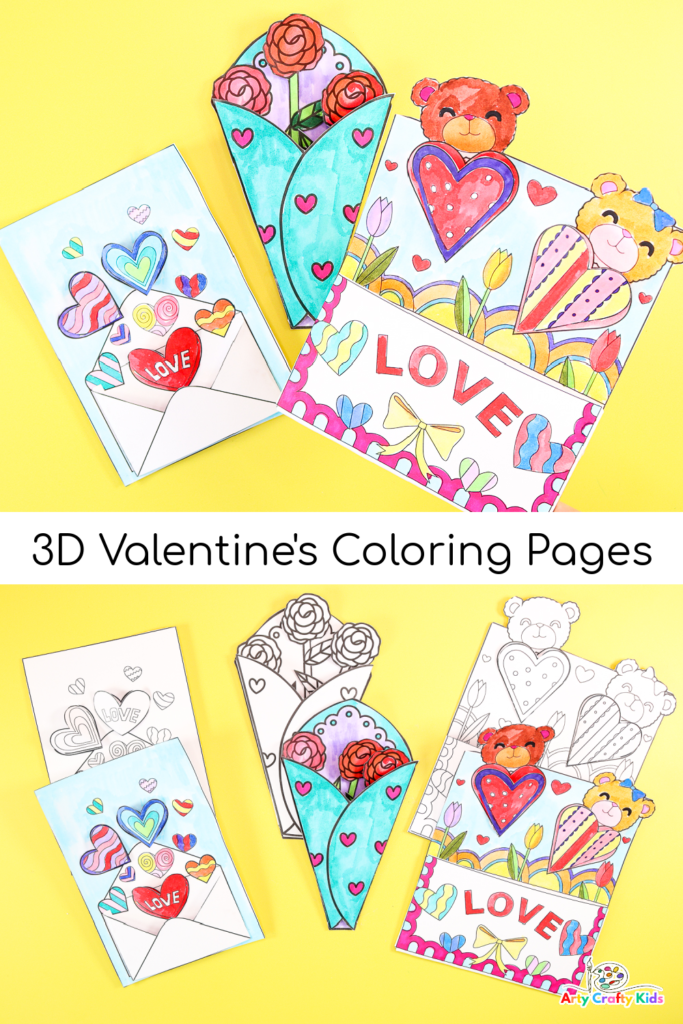 It's the season of love and friendship, and to celebrate we have designed 3 gorgeous 3D Valentine's Day Coloring Pages and Crafts for your kids to enjoy!
