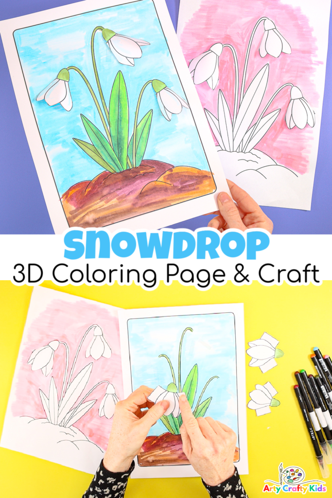 Our 3D snowdrop coloring page and craft includes a FREE printable template for you to share with your Arty Crafty Kids either at home or within the classroom.
