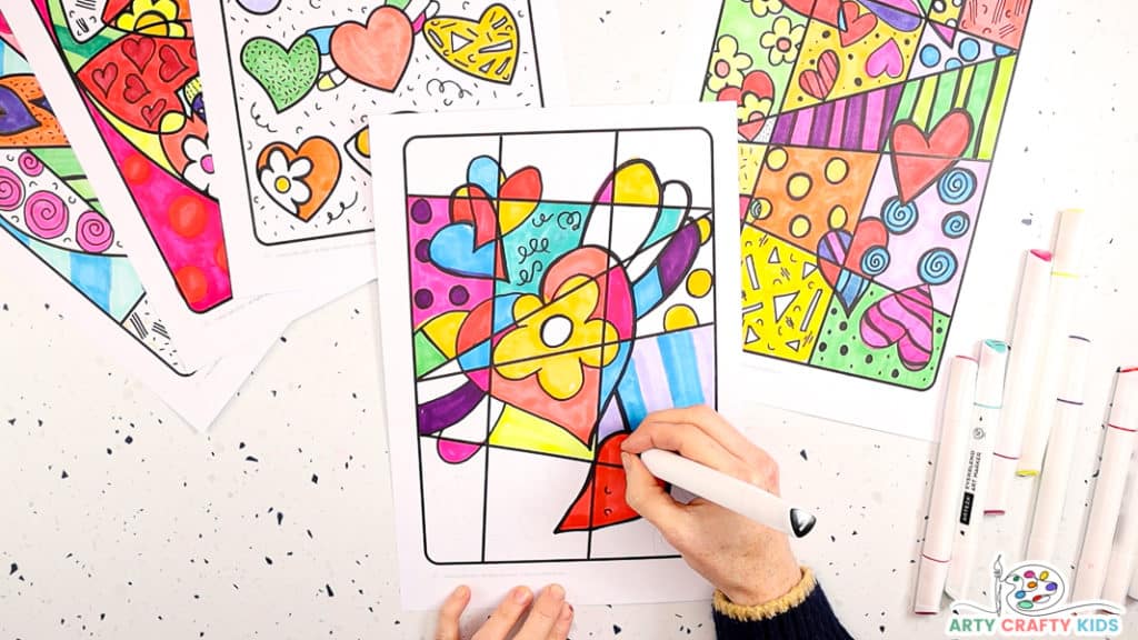 Romero Britto Inspired Heart Art with Drawing Prompts - Arty Crafty Kids