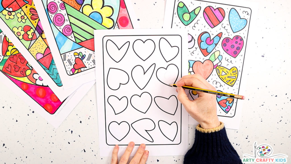 Heart art printable template featuring a grid of 12 random looking ages - unequal in shape and position.