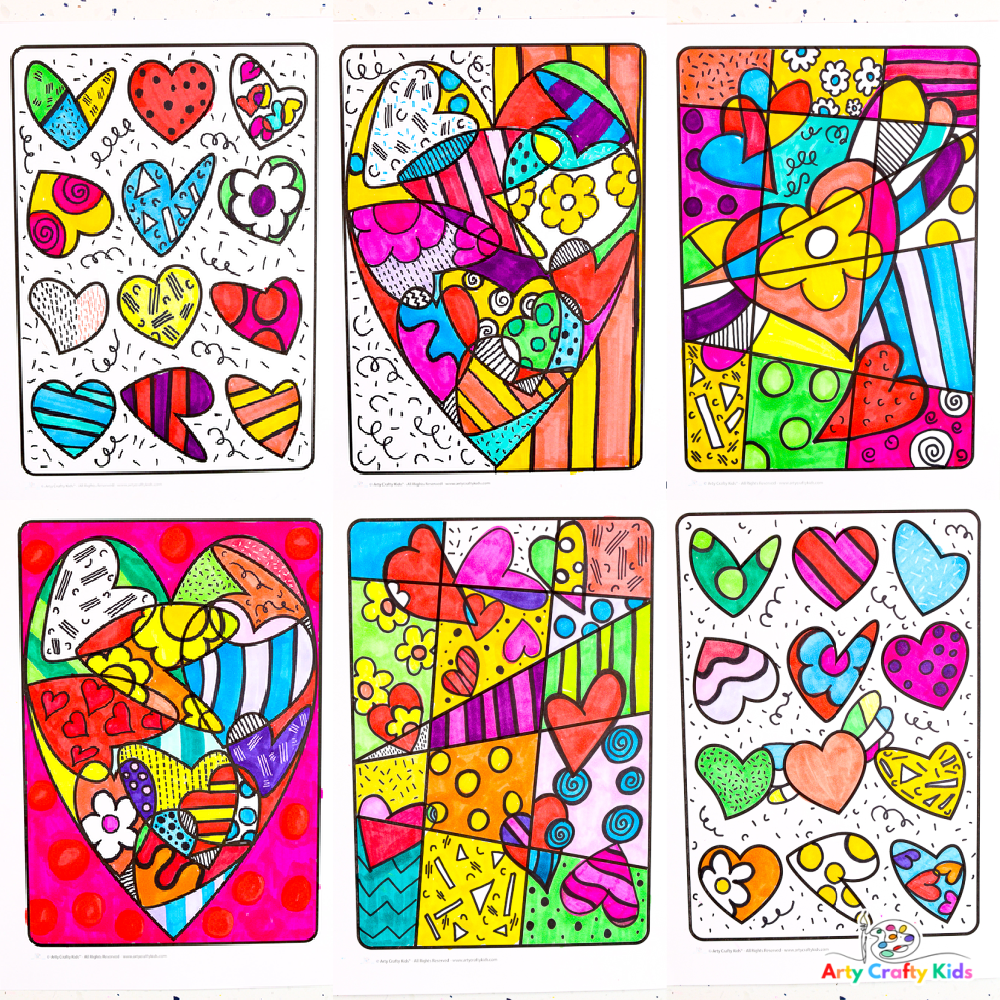 Romero Britto Inspired Heart Art with Drawing Prompts - Arty Crafty Kids