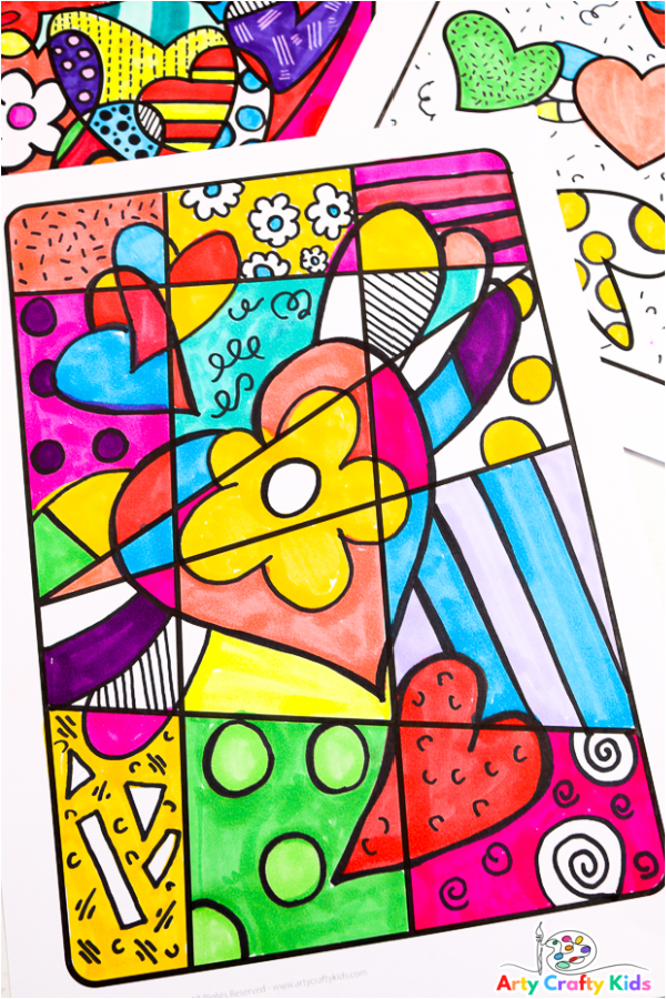 Romero Britto Inspired Heart Art with Drawing Prompts - Arty Crafty Kids