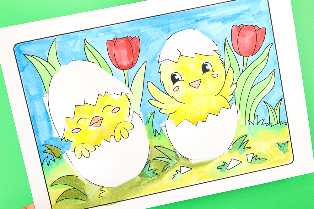 Say Hello to Spring with this 3D Chick Coloring Page Craft - A lovely coloring page and chick craft for kids to enjoy this Easter and Spring.